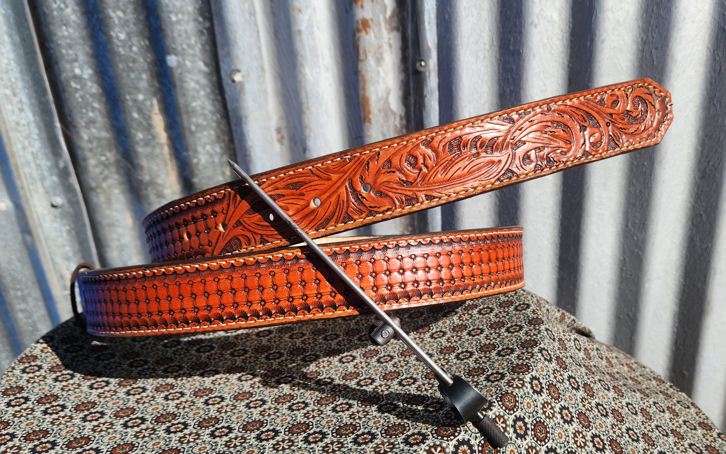 Feather tooled and stamped belt