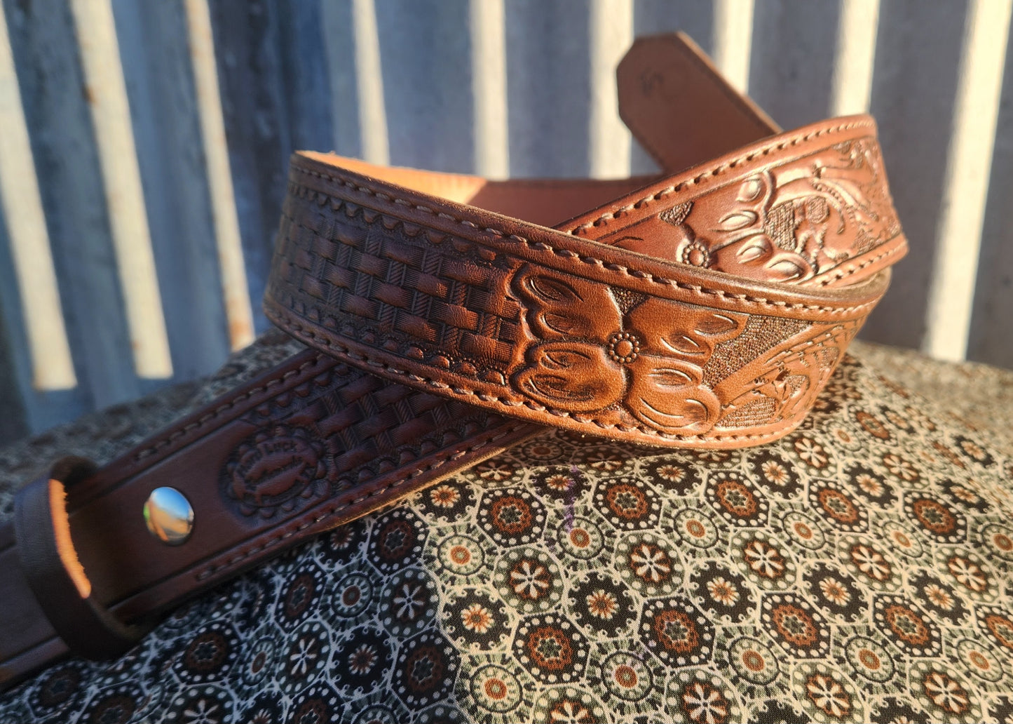 Floral tooled, basket stamped belt