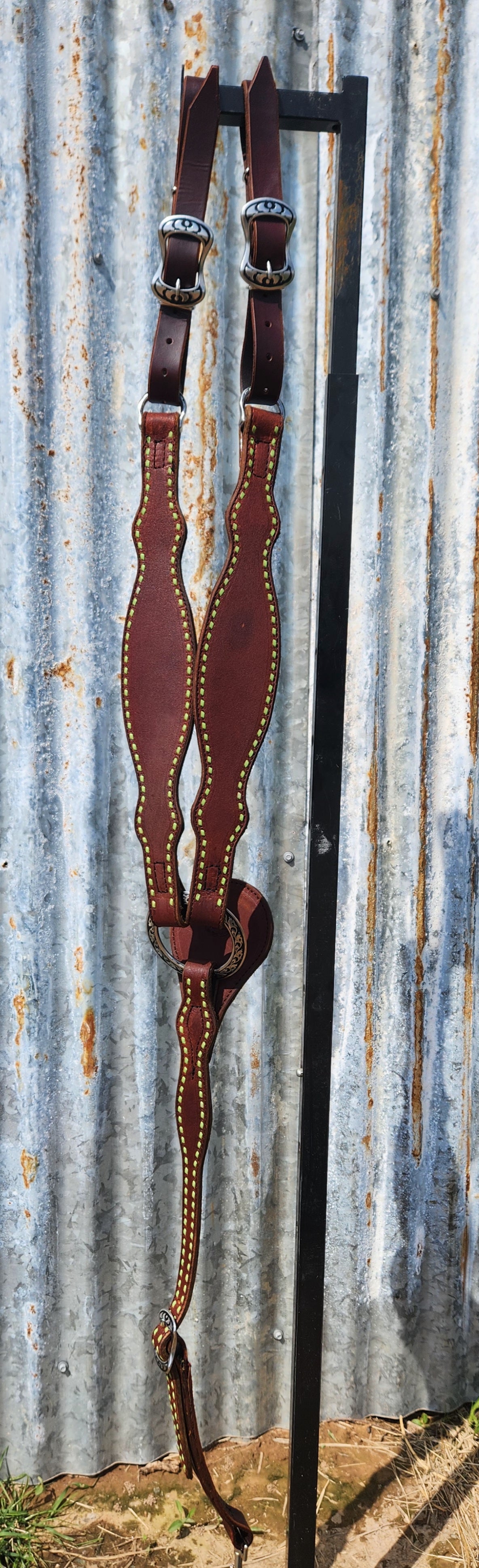 Lime green buck stitched tack set