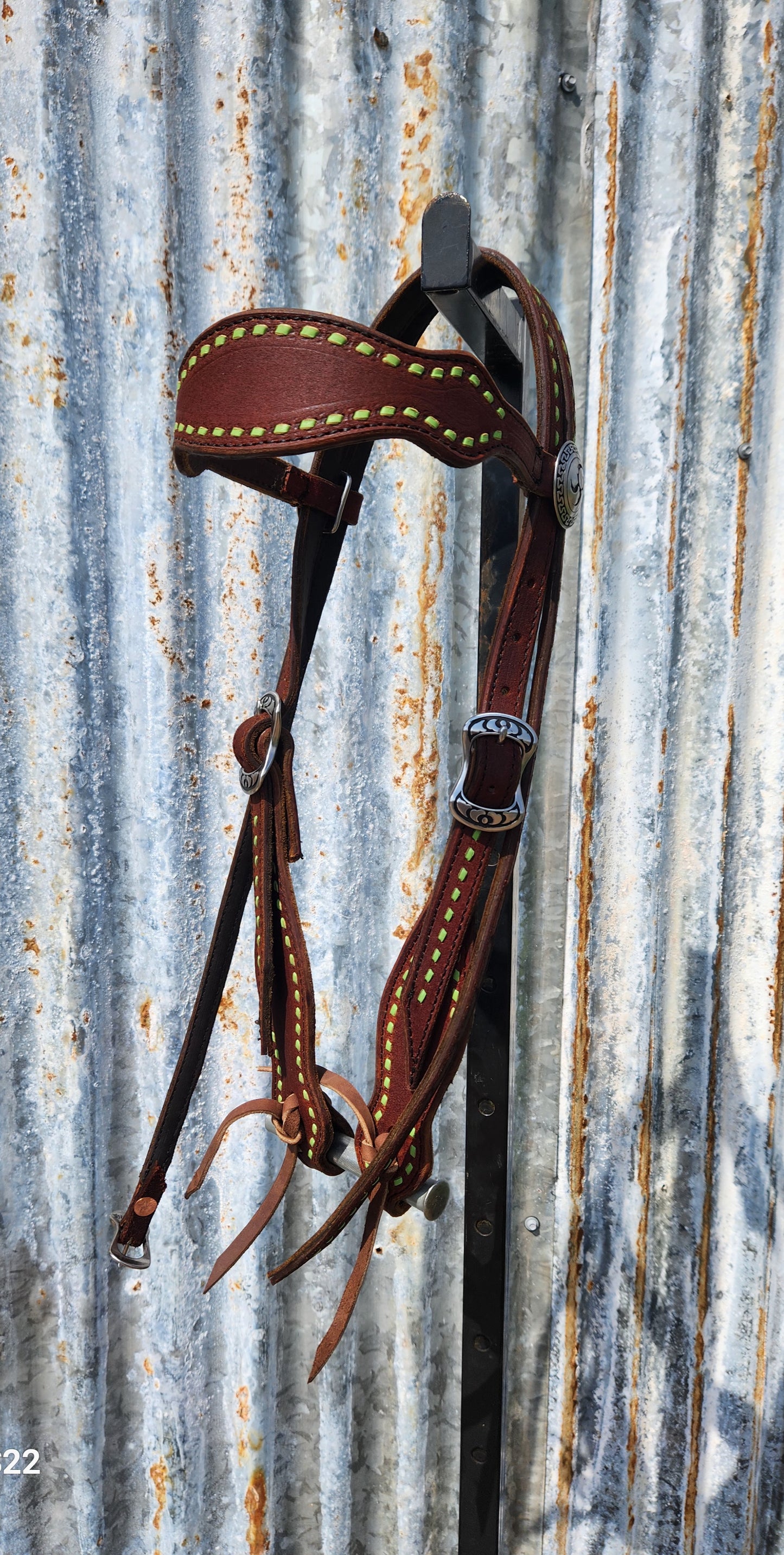 Lime green buck stitched tack set