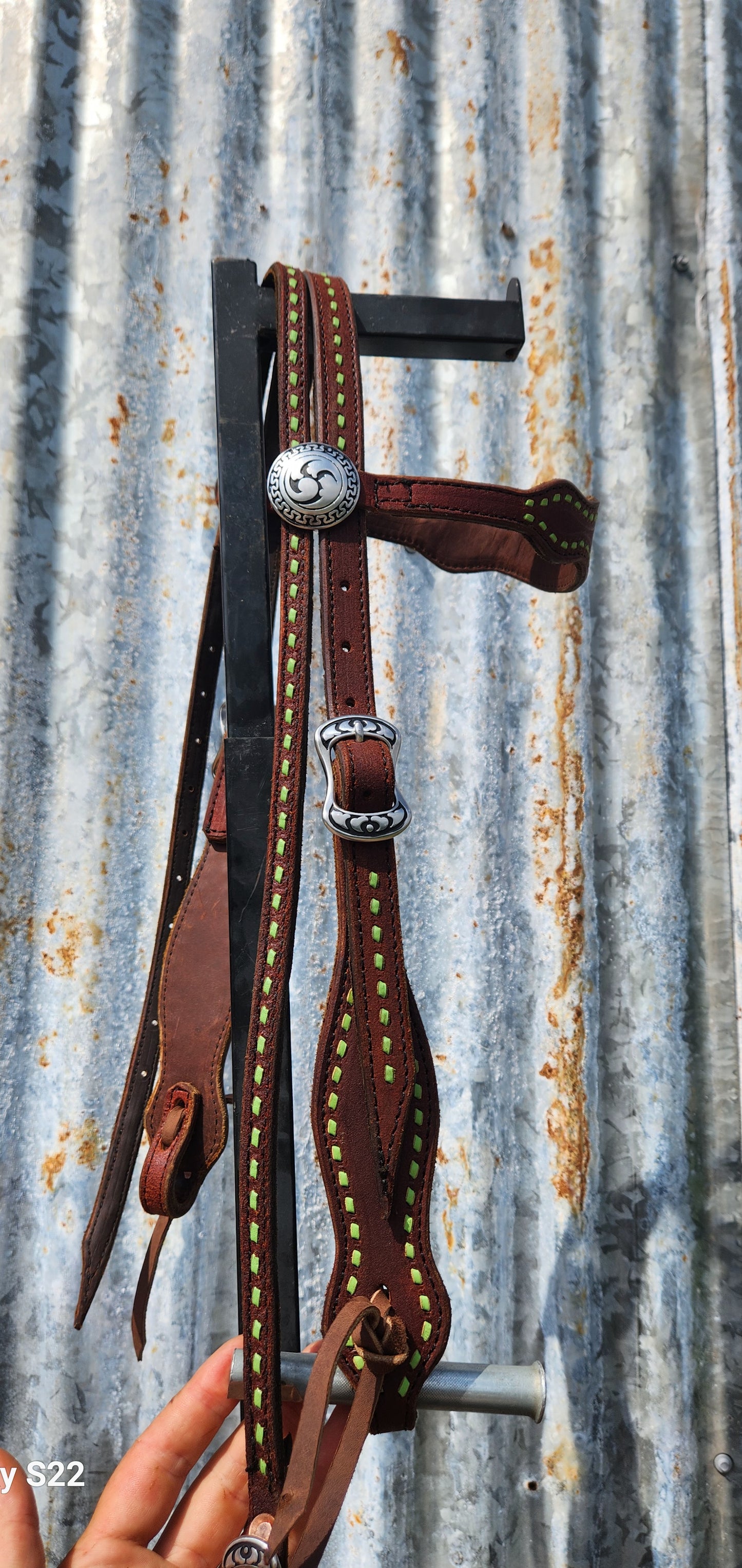 Lime green buck stitched tack set