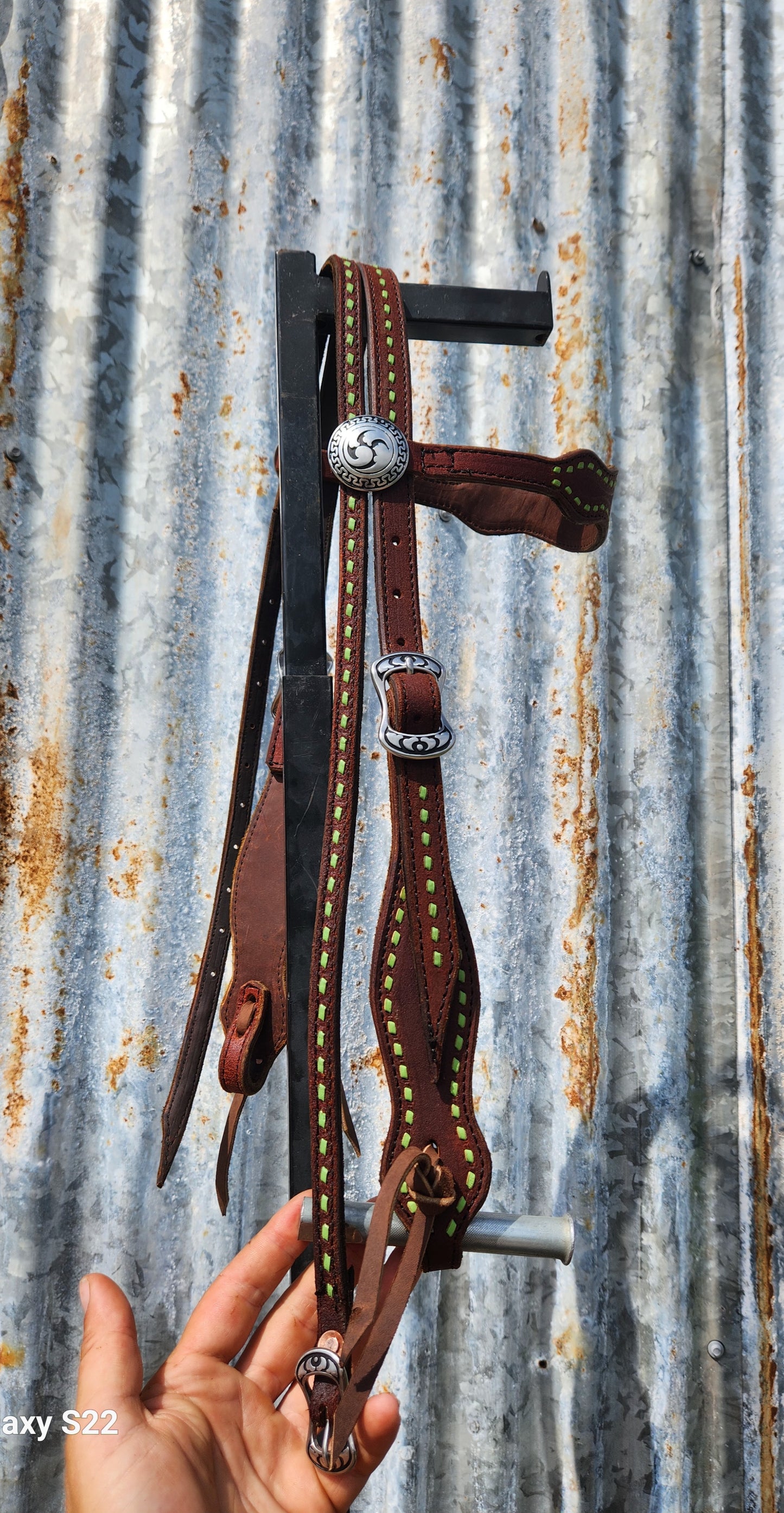 Lime green buck stitched tack set