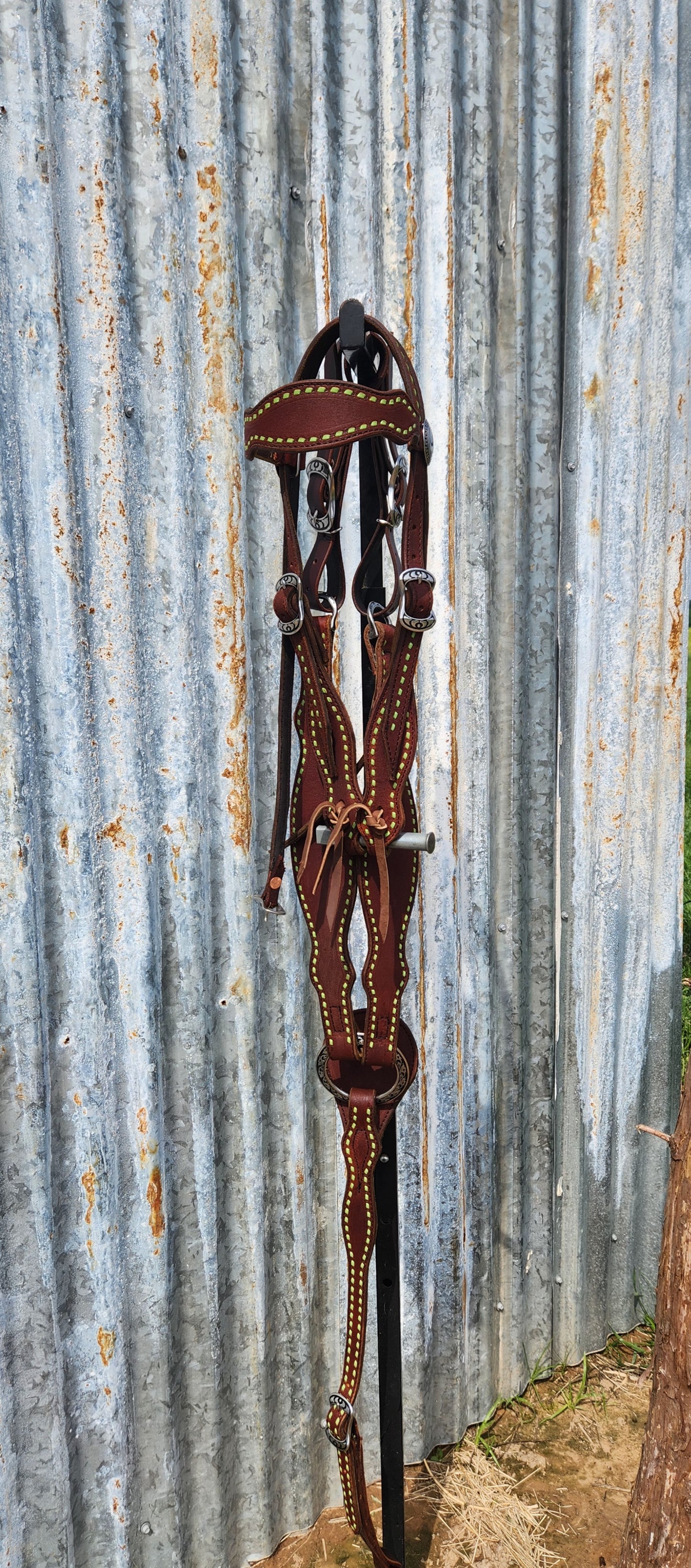 Lime green buck stitched tack set