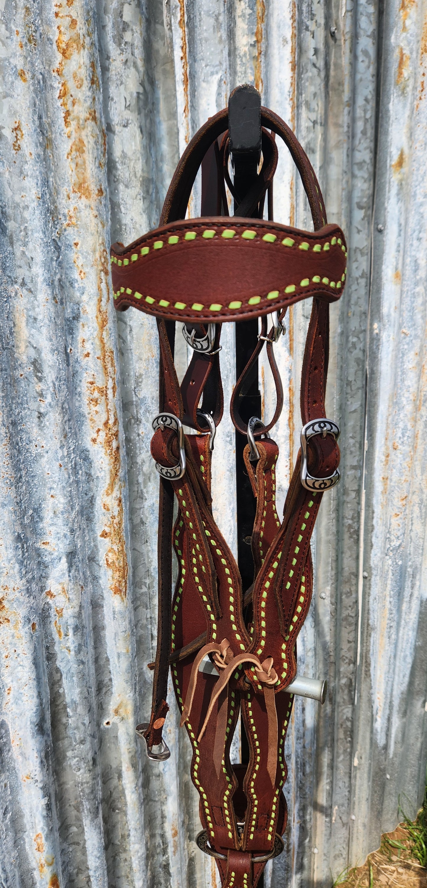 Lime green buck stitched tack set