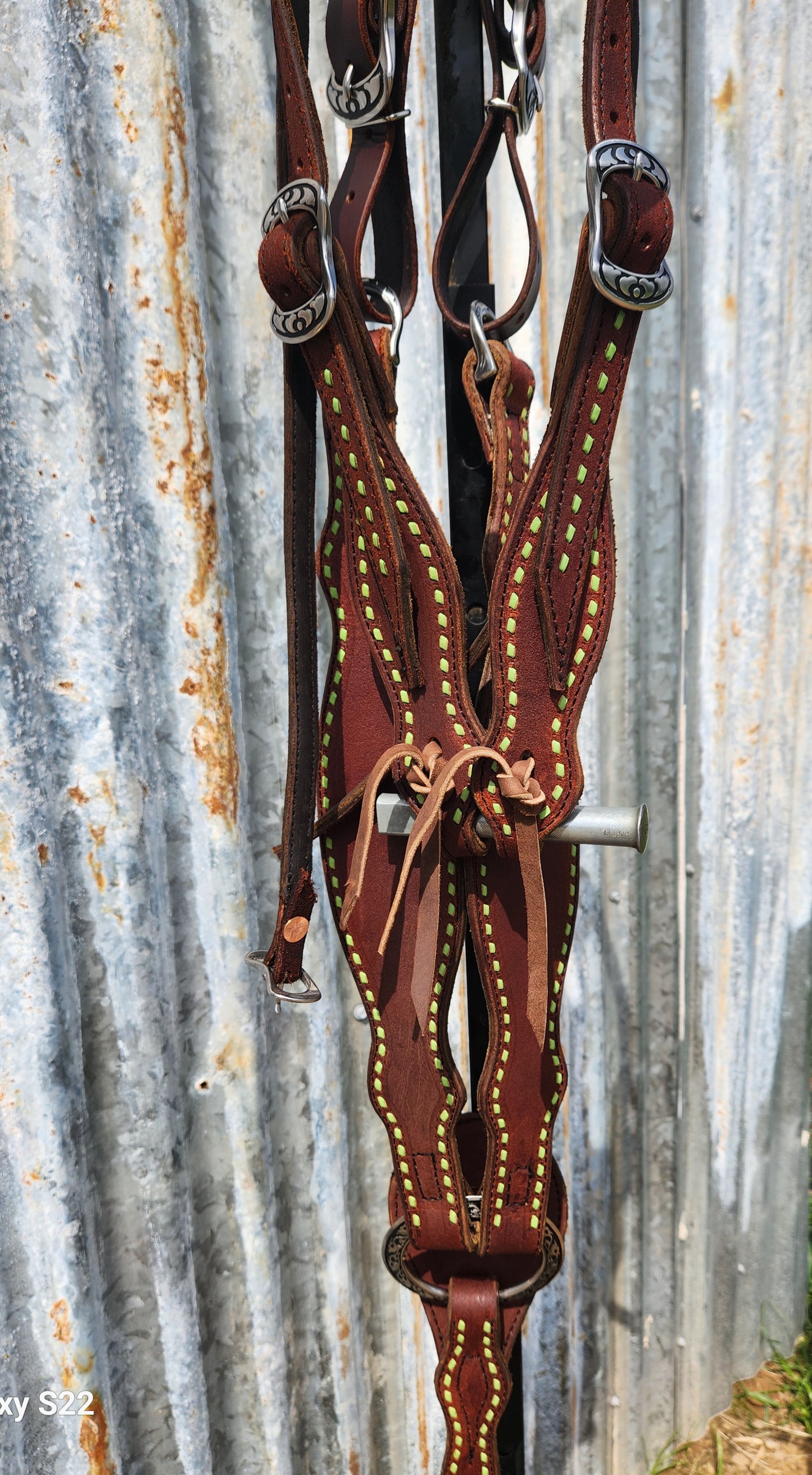 Lime green buck stitched tack set