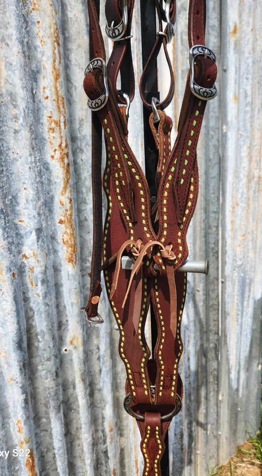 Lime green buck stitched tack set